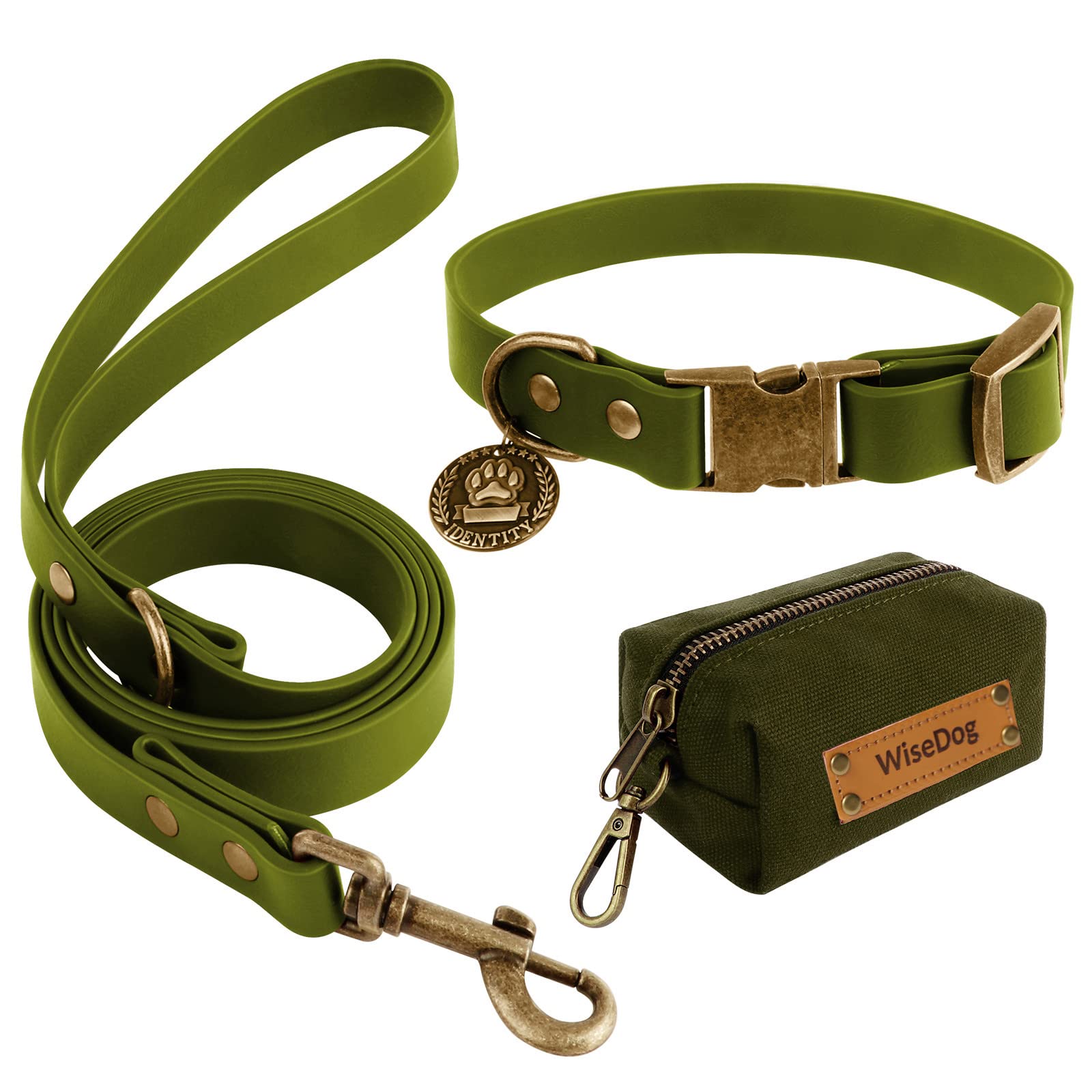 Wisedog Dog Collar Lead Set Combo：Retro Classical Adjustable Dog Collar Waterproof Lead with Poop Bag Dispenser for Large Medium Small Dogs Green XS