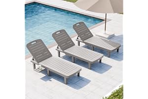SELLERWE Outdoor Chaise Lounge Set of 3, Waterproof Resin Lounge Chairs for Outside w/Adjustable 5 Positions All Weather Recliner Chair for Patio, Poolside, Beach, Yard, Grey
