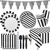 Black and White Striped Party Supplies, Black and White Party Decoration with Dinner Plates Napkins Tablecloth Cups Flags for Birthday Wedding Baby Shower Graduation