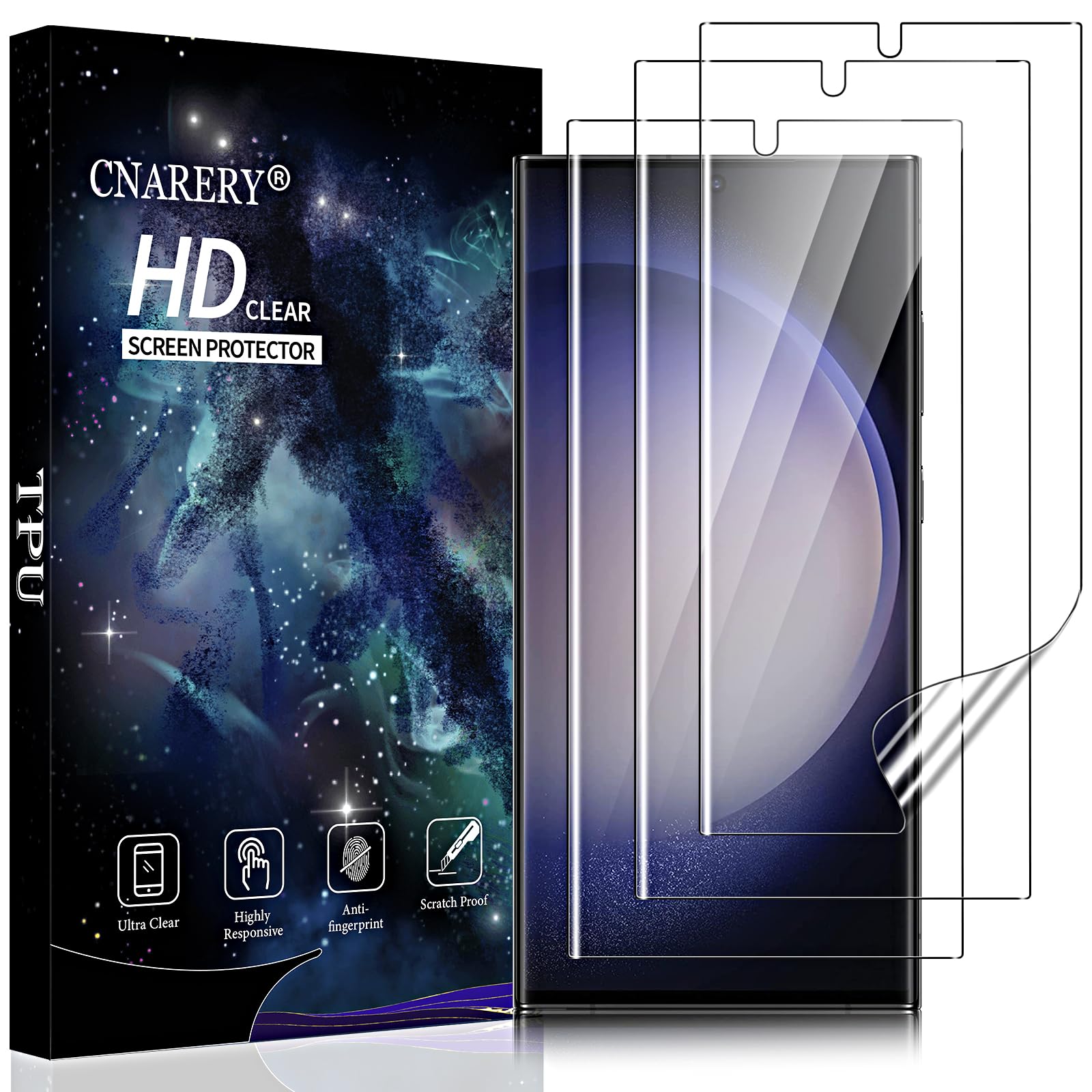 Photo 1 of Cnarery 3 Pack Screen Protector for Samsung Galaxy S23 Ultra [Not Glass], Support Fingerprint Flexible TPU Film, Touch Sensitive, Anti-Scratch, 3D Curved Full Coverage