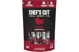 CHEF'S CUT REAL JERKY Chef's Cut Smoked Turkey Jerky Meat Sticks, Pepperoni Seasoned (1 Ounce Stick, Pack of 12) - High Protein, 8g Protein, 60 Calories, Gluten-Free, Keto Friendly Snack, Low Carb Snack, Individually Wrapped