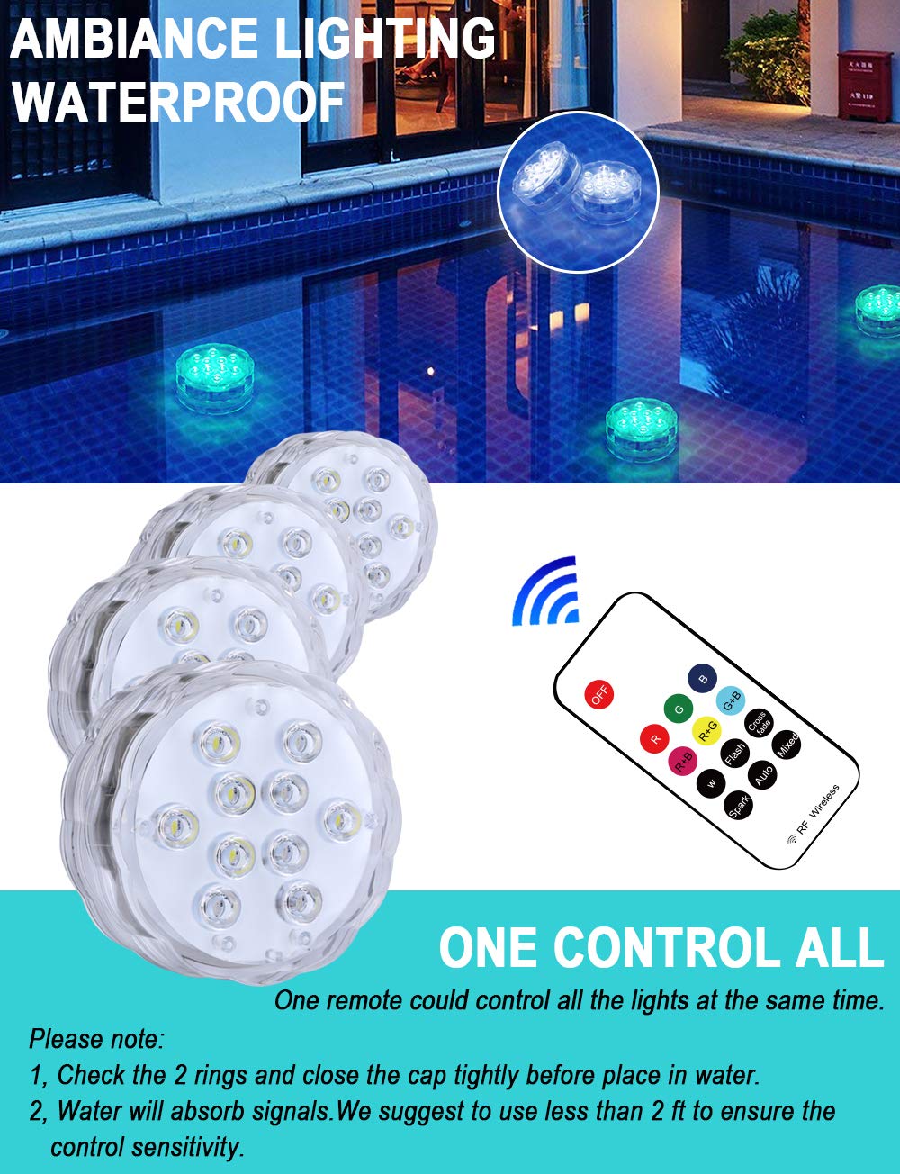 Qoolife Submersible LED Lights Magnet New Generation RF Remote Controlled Battery Powered Pool Pond Waterproof Lights for Indoor Outdoor Fountain,  Waterfall, Spa, Bathtub, Vase, Underwater Decor