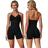 ABOCIW Workout Sets for Women 2 Piece Seamless Impact Longline Strappy Top Halter Sports Bra Scrunch Butt Lifting High Waist Biker Shorts Gym Set Work Out Clothes Black Small