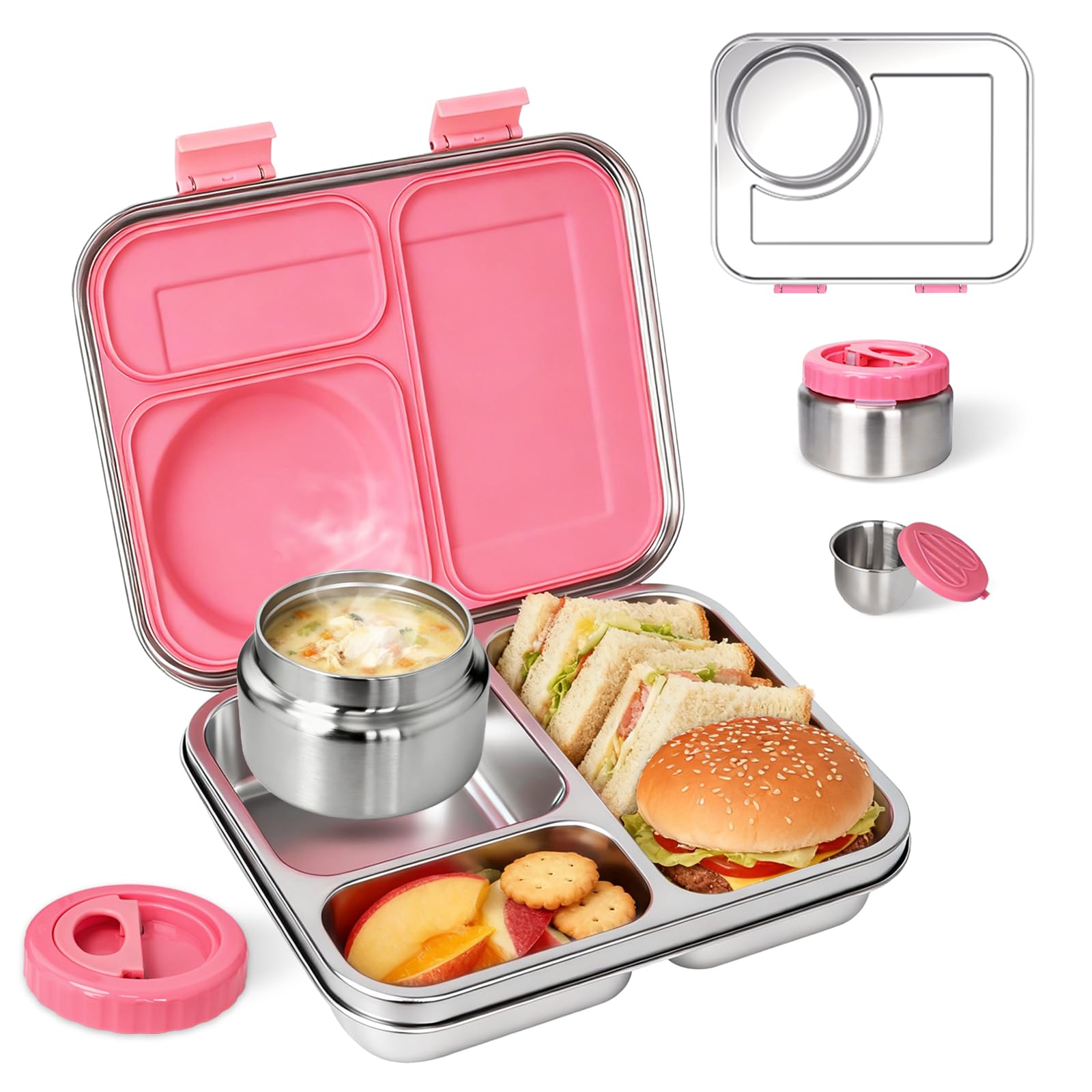 Photo 1 of Stainless Steel Bento Lunch Box Older Kids ? Adult with Insulated Food Jar,Leakproof 3-Compartment,BPA-Free, Eco-Friendly,Dishwasher Safe,Compatible, Large-Capacity Box, School,Office,Travel ?Pink?