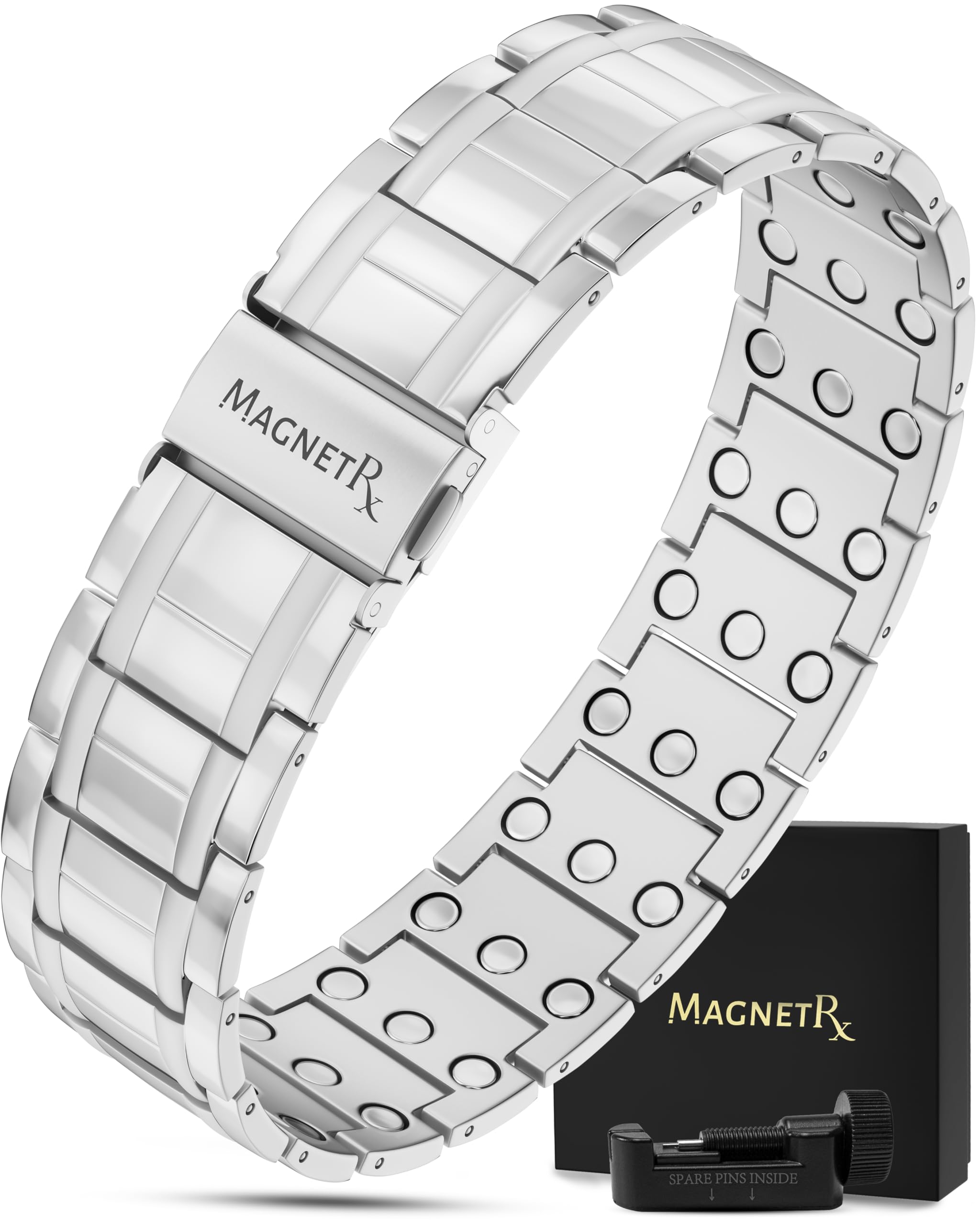 MagnetRX® 3X Strength Magnetic Bracelets for Men - Effective Titanium Magnetic Bracelet Men - Premium Fold-over Clasp & Adjustable Length with Sizing Tool & Gift Box (Silver)
