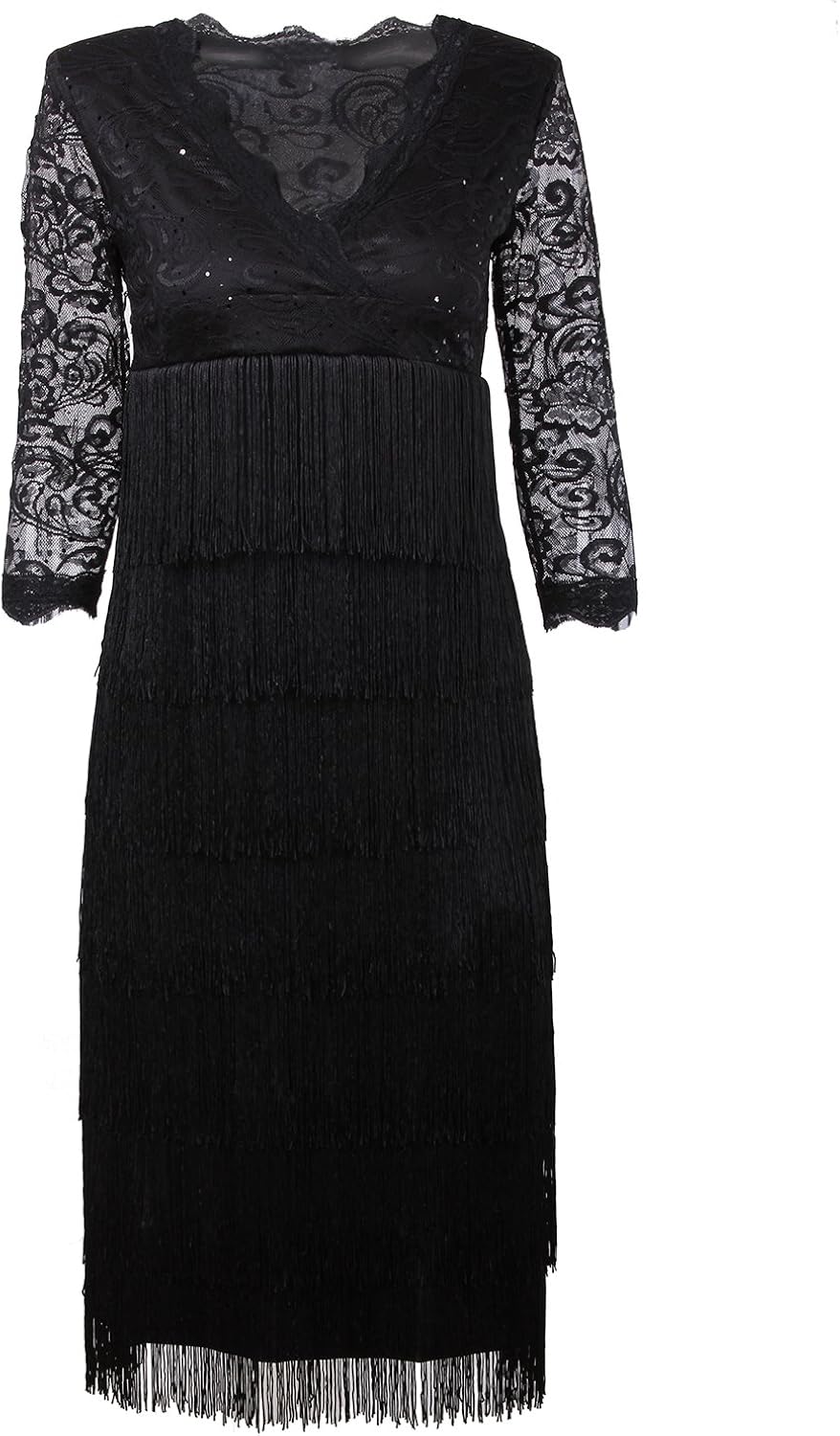 VIJIV Women's Lace Sequin Fringe Flapper Cocktail Prom Formal Eve Party Dress