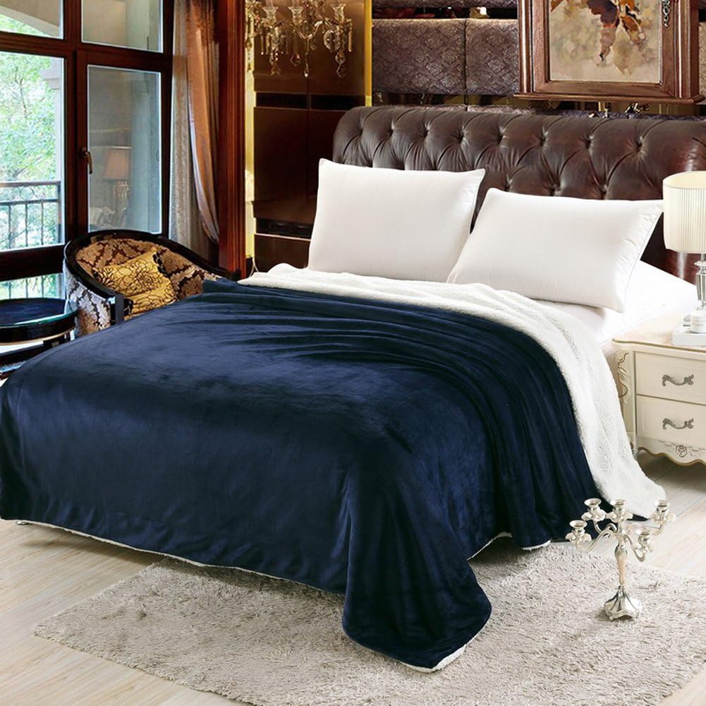 Zangge BeddingLuxury Soft Large Flannel Sherpa Throw Sofa Chunky Bed Blanket Navy 200cm x 230cm