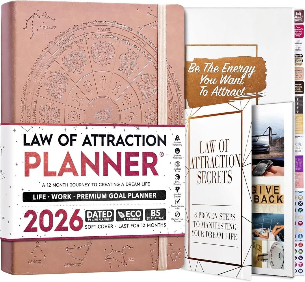 Law of Attraction Planner 2026 - Hourly, Weekly & Monthly Goal Setting Planner with Productivity App | 12 Month Life & Gratitude Journal | Include Foldable Vision Board, Gift Box & Stickers