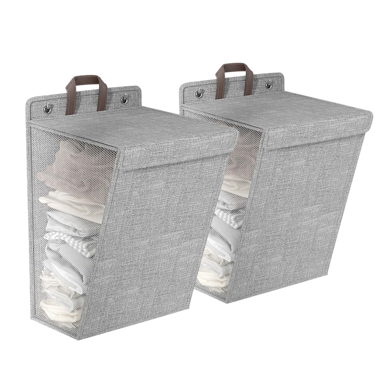 Esoes 2pcs Foldable Laundry Basket, Laundry Basket with Lid, Hanging Laundry Basket, Mesh Design on Both Sides for Bathroom, Laundry Room-Gray