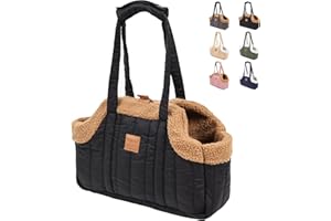 ETIAL Small Dog Carrier Purse, Winter Fleece Warm Dog Tote Bag Carrier with Secure Harness Clip for Puppy Kitten, Waterproof Pet Travel Handbag for Shopping, Hiking and Walking (Black)