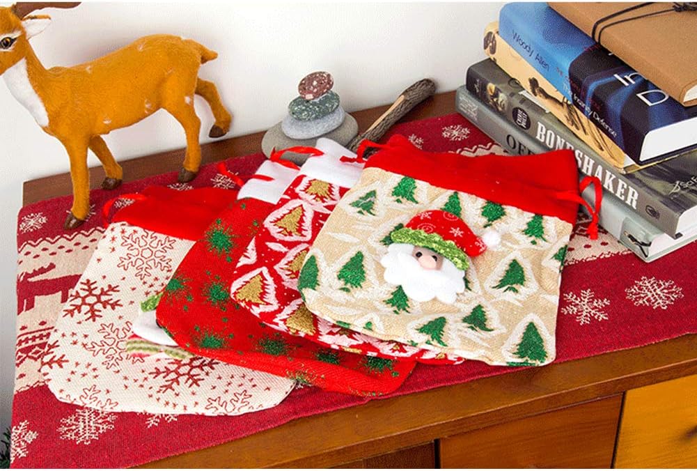 Camelliass 4pcs Christmas Drawstring Gift Bags 25x20cm Reusable Burlap Bags Candy Pouch Bags Candy Treat Bags Assorted Wrapping Bags for Holiday Party Supplies Xmas Gifts - Image 5