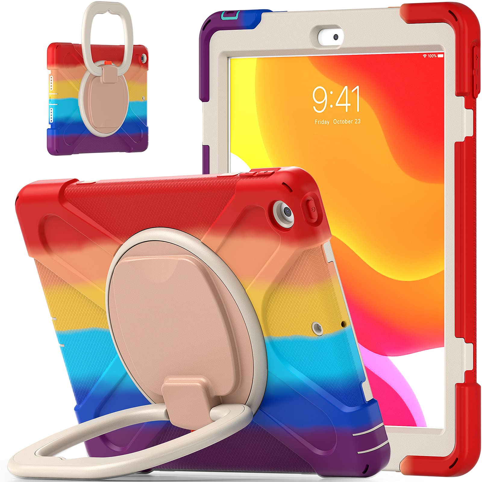 Bspring iPad 10.2 Case, 2020/2019 New iPad 8th/ 7th Generation Case with Built-in Foldable Kickstand, Kids Friendly Dropproof Scratch Resistance iPad 10.2 Protector Case, Rainbow 4