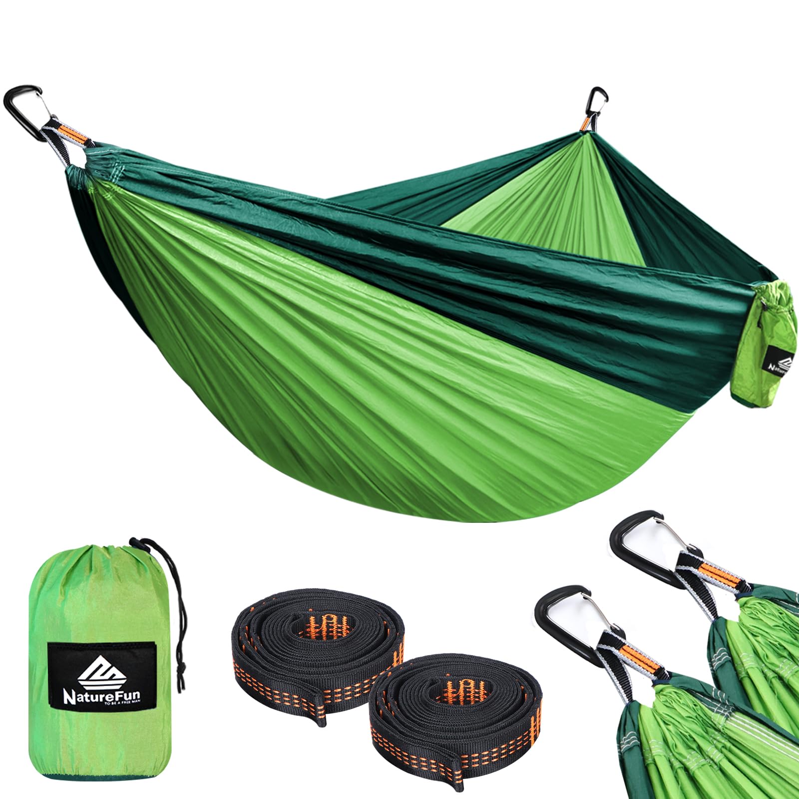 NatureFun Ultra-Light Travel Camping Hammock | 300kg Load Capacity,(300 x 200 cm) Breathable,Quick-drying Parachute Nylon | 2 x Premium Carabiners,2 x Nylon Slings Included | For Outdoor Indoor Garden