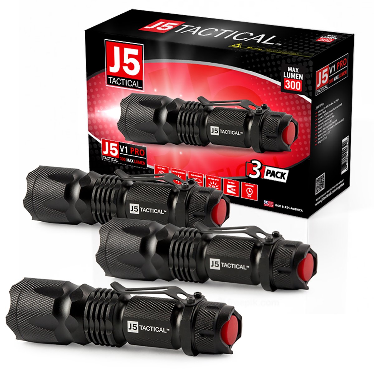 J5 Tactical V1Pro Flashlight (3 Pack) The Original 300 Lumen Ultra