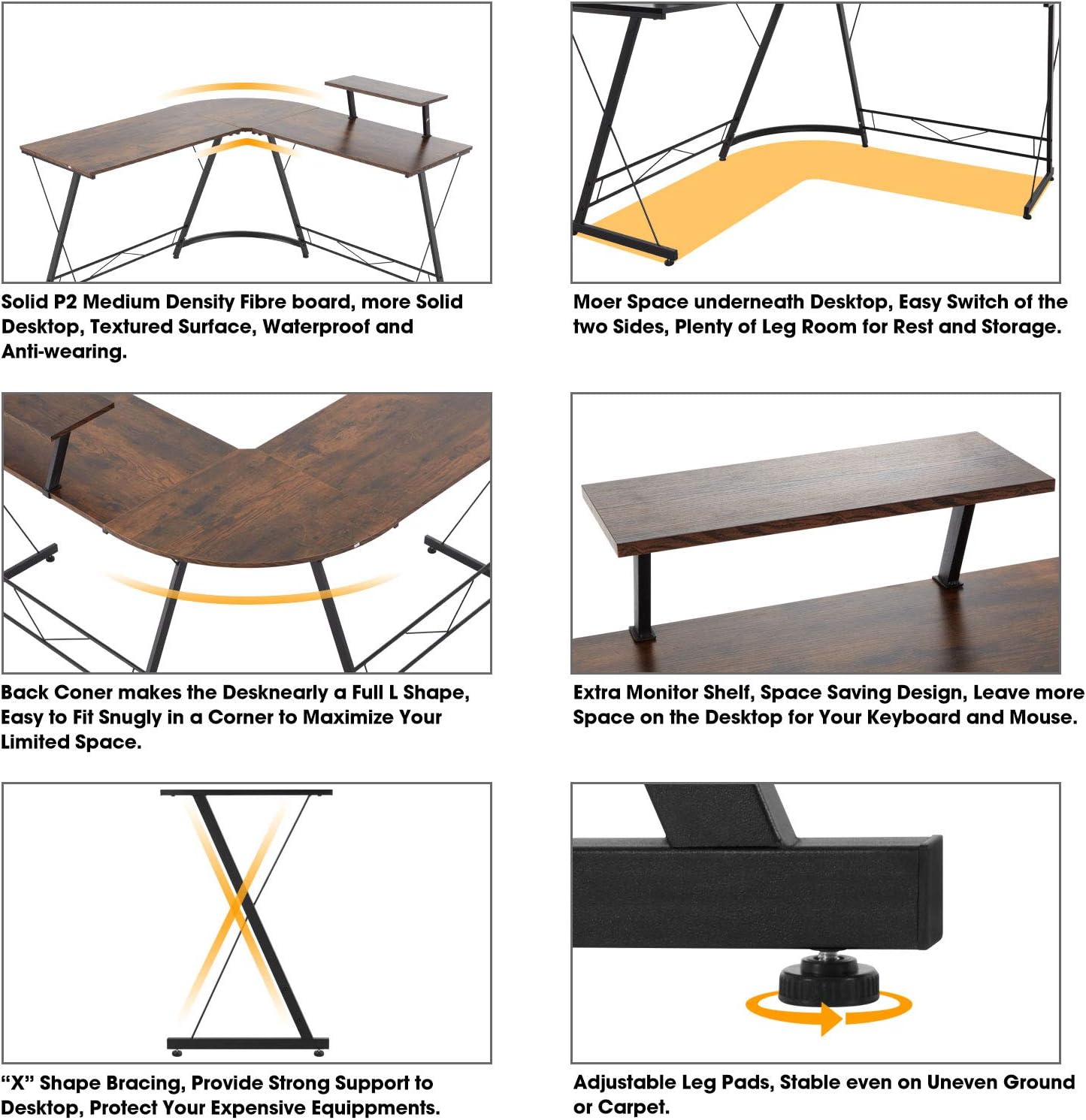 SERWALL L-Shaped Corner Desk 50.8" Computer Gaming Desk PC Table with Monitor Stand, Home Office Writing Workstation with Small Table, Space Saving- Brown: Kitchen & Dining