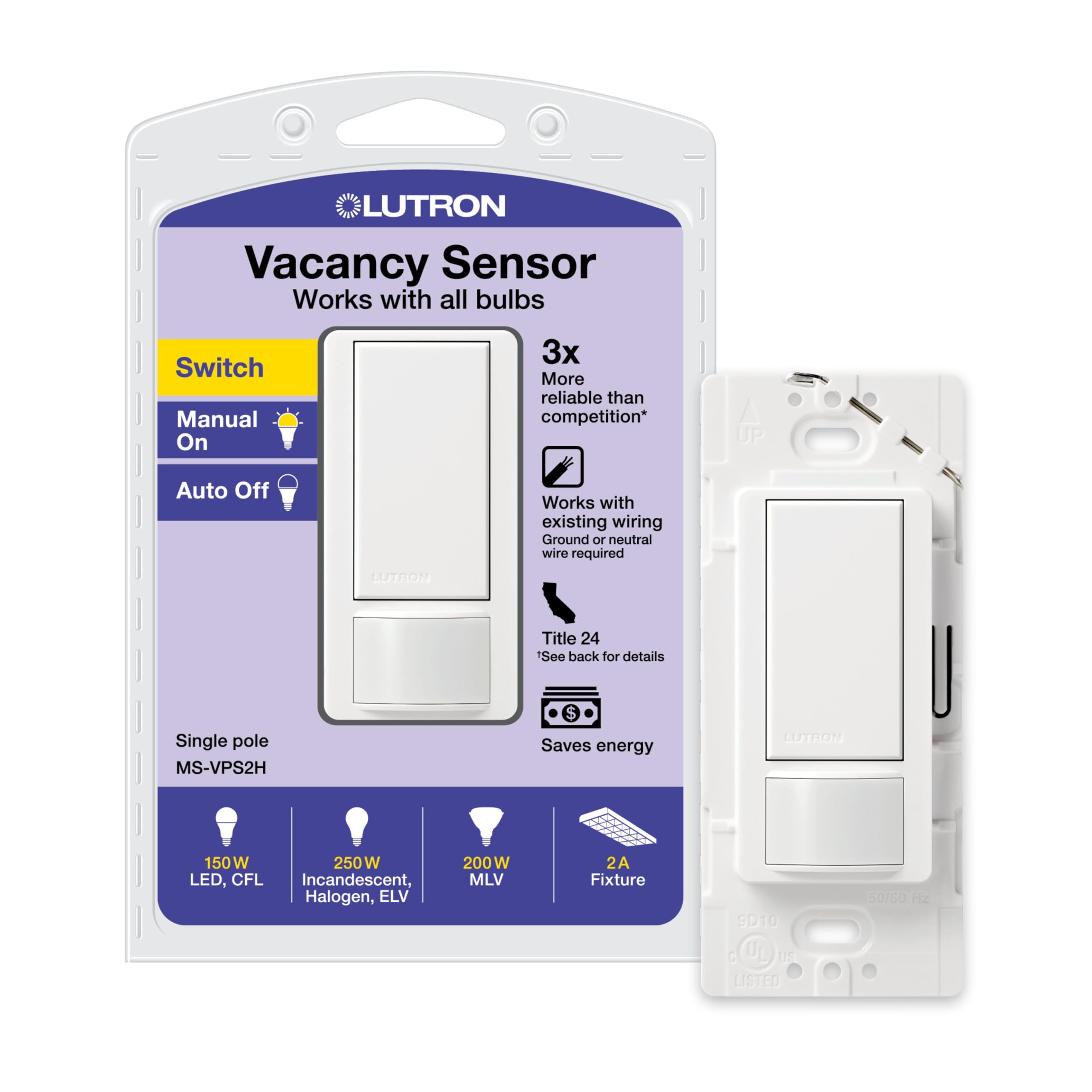 Photo 1 of Lutron Maestro Vacancy Motion Sensor Light Switch for Bathroom, Garage, Laundry Room, and Closet, for Any Light Bulbs, Auto Off Only, Single-Pole Only, No Neutral Required, MS-VPS2-WH, White