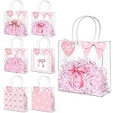 Sweetude 24 Set Pink Bow Clear Gift Bags Candy Bag with Handle 8 x 8 x 3 Inch Cute Reusable Plastic Tote Bags with Ribbon Bows for Wedding Birthday Baby Shower Party Supplies