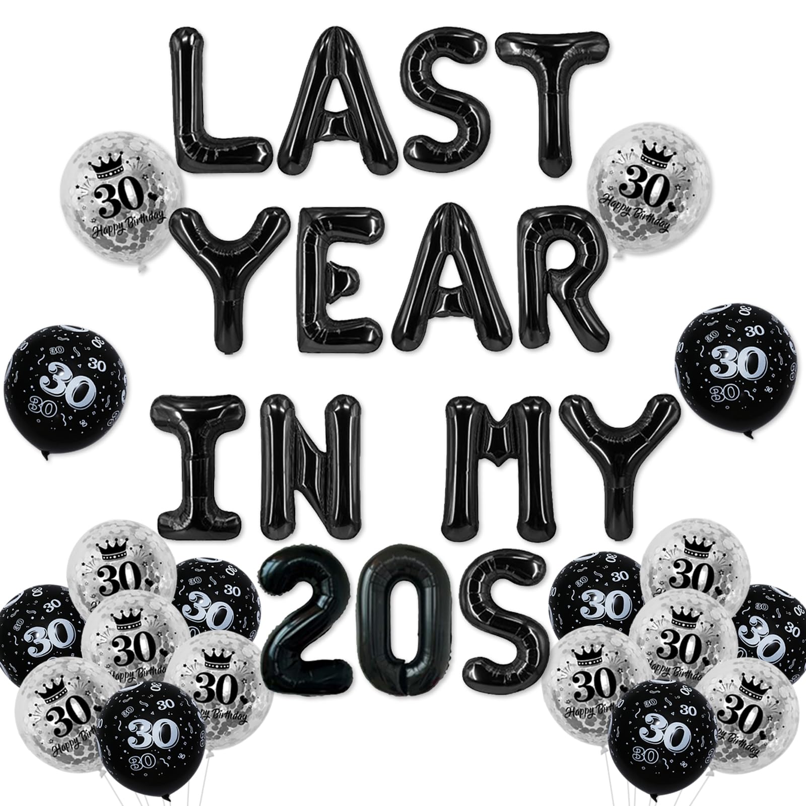 LAST YEAR IN MY 20S Birthday Foil Balloon Banner - 29th Birthday Decorations Black Silver Balloons for Woman Man