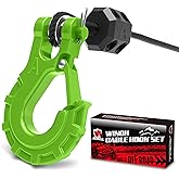 AMBULL 3/8" Winch Hook & Winch Cable Hook Stopper Sets, Heavy Duty Grade 70 Forged Steel Recovery Hook with Safety Latch, Included Allen Wrench,Max 37,478 Lbs, Green