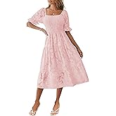 MEROKEETY Womens 2025 Summer Short Puff Sleeve Smocked Square Neck Floral Textured Tiered Midi Dress