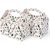 Happyhiram Winter Floral Gable Candy Paper Boxes, 25 Pcs Christmas Red Holly Berry Party Treat Boxes with Handle Small Gift Holiday Boxes Kids Party Favor Cookie Bags