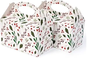 Happyhiram Winter Floral Gable Candy Paper Boxes, 25 Pcs Christmas Red Holly Berry Party Treat Boxes with Handle Small Gift Holiday Boxes Kids Party Favor Cookie Bags
