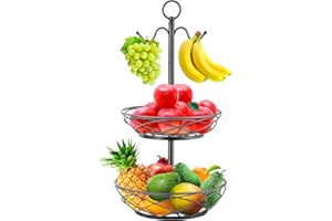PT COVER Fruit Basket - 2 Tier Fruit Bowl with Banana Hanger for Kitchen Counter Fruit Holder - Elegant Black