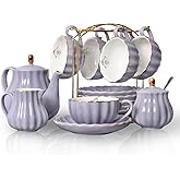 Porcelain Tea Sets British Royal Series, 8 OZ Cups& Saucer Service for 6, with Teapot Sugar Bowl Cream Pitcher Teaspoons and tea strainer for Tea/Coffee, Pukka Home(purple)