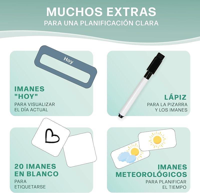 ® Planeador semanal para crianças - Quadro magnético Montessori com um design bonito que inclui 196 ímanes e uma caneta - Jogos educativos a partir dos 3 anos - Calendário infantil — foto 4 de 7
