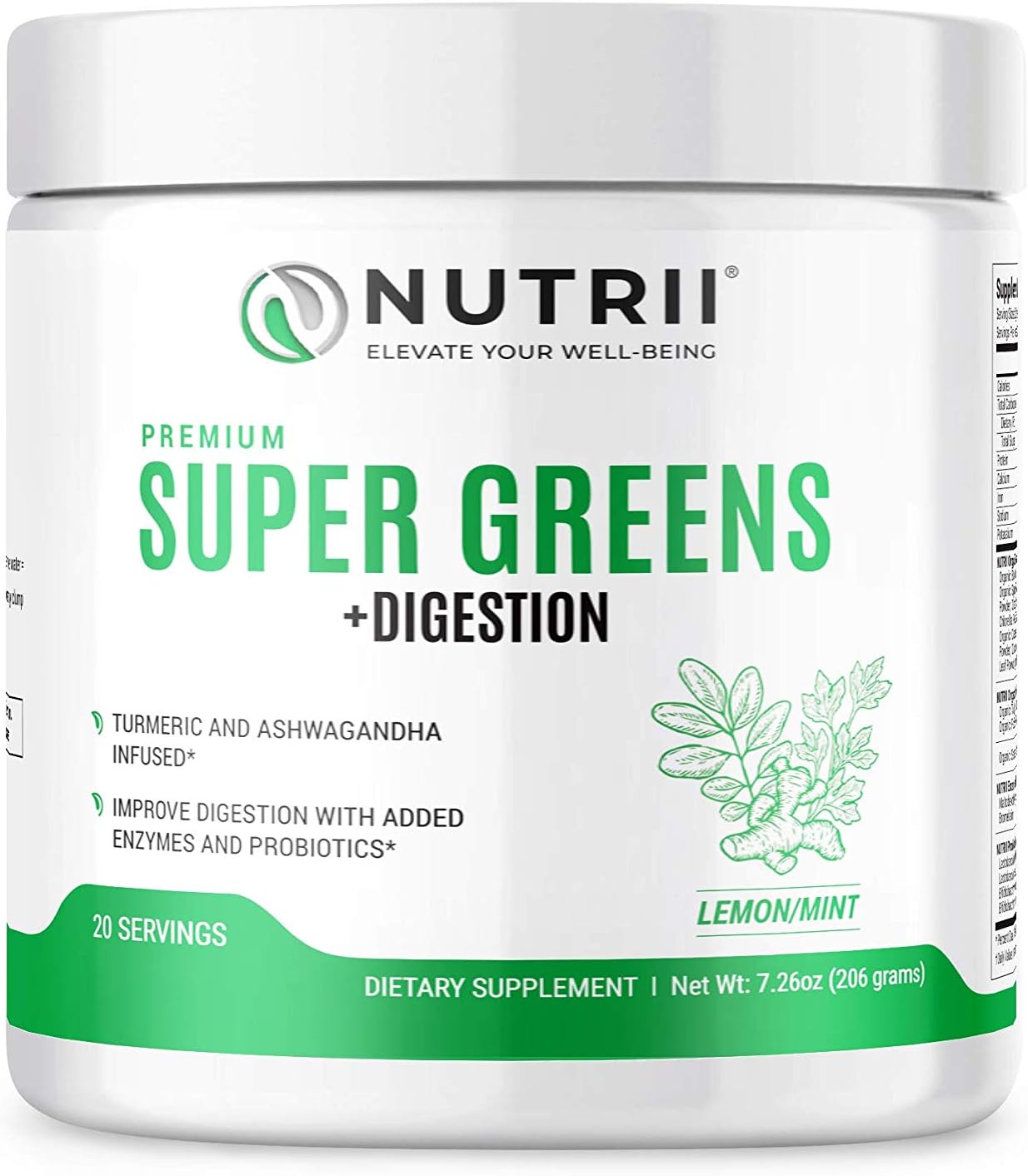 Nutrii Organic Green Immunity Superfood with Turmeric, Probiotics, Digestive Enzymes and Ashwagandha (20 Servings, Lemon-Mint Flavor)