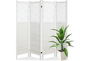 ECOMEX 4 Panel Room Dividers Fully Assembled 5.6Ft Carved Room Dividers and Folding Screens Room Divider Screen Wood Freestanding Partition Wall for Bedroom Office Restaurant, White