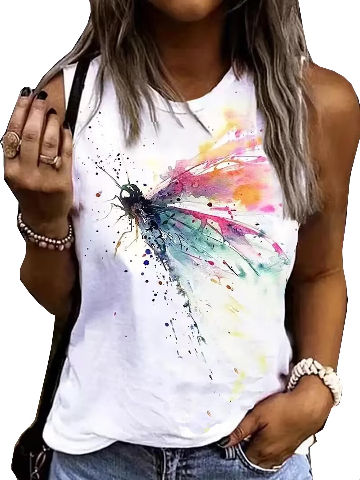 Photo 1 of Womens Tank Tops Summer Boho Graphic Tees Shirts Junior Tops Gypsy Cute Basic-Fit Racer Back Camis Shirts for Teen Girls (White3, Large)