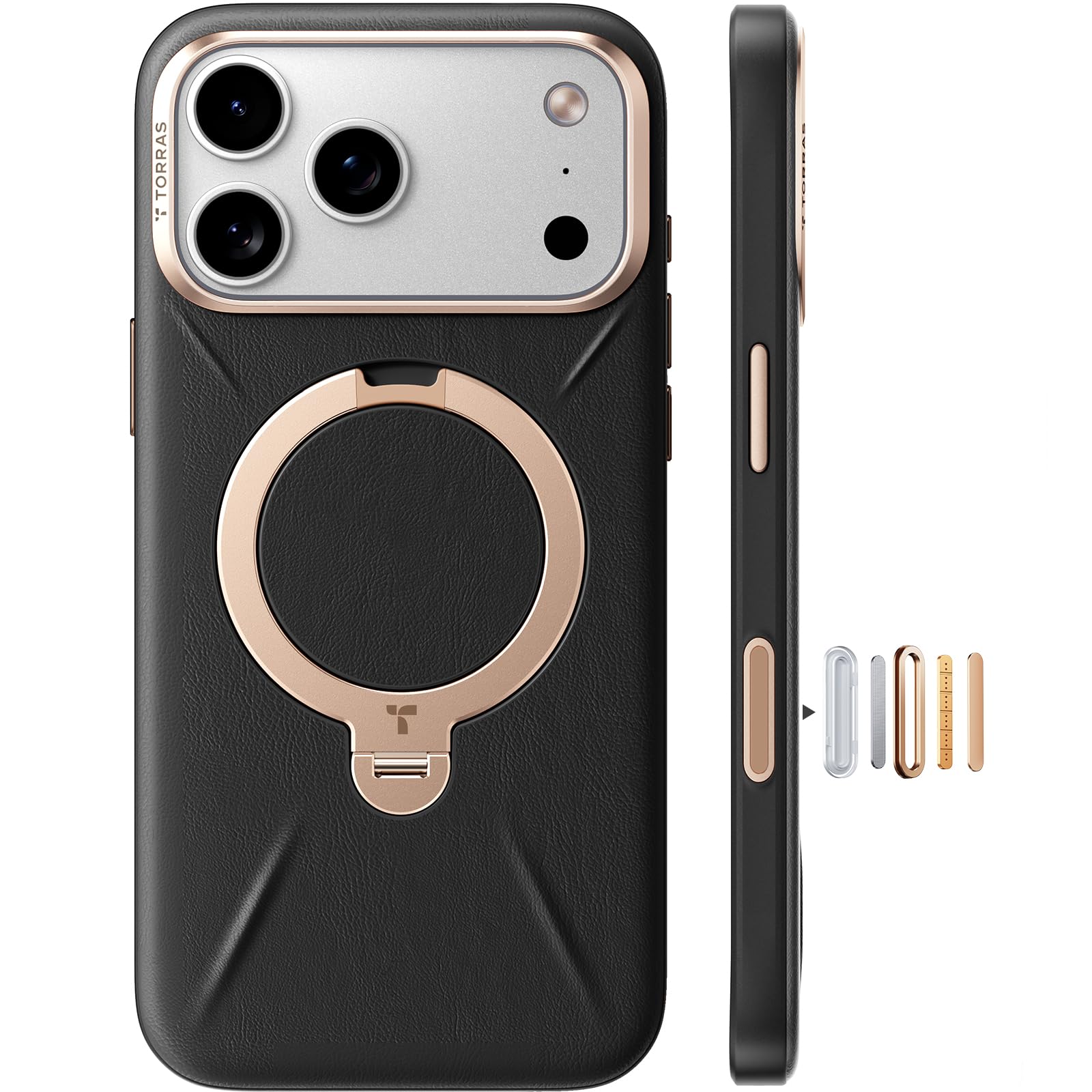 Photo 1 of TORRAS Q3 VegSkin for iPhone 17 Pro Max Case Leather, 360 Spin Magnetic Stand, Fit for MagSafe, Camera Control, Shockproof Premium Organic Silicone Leather Case for iPhone 17 Pro Max, Midnight Black