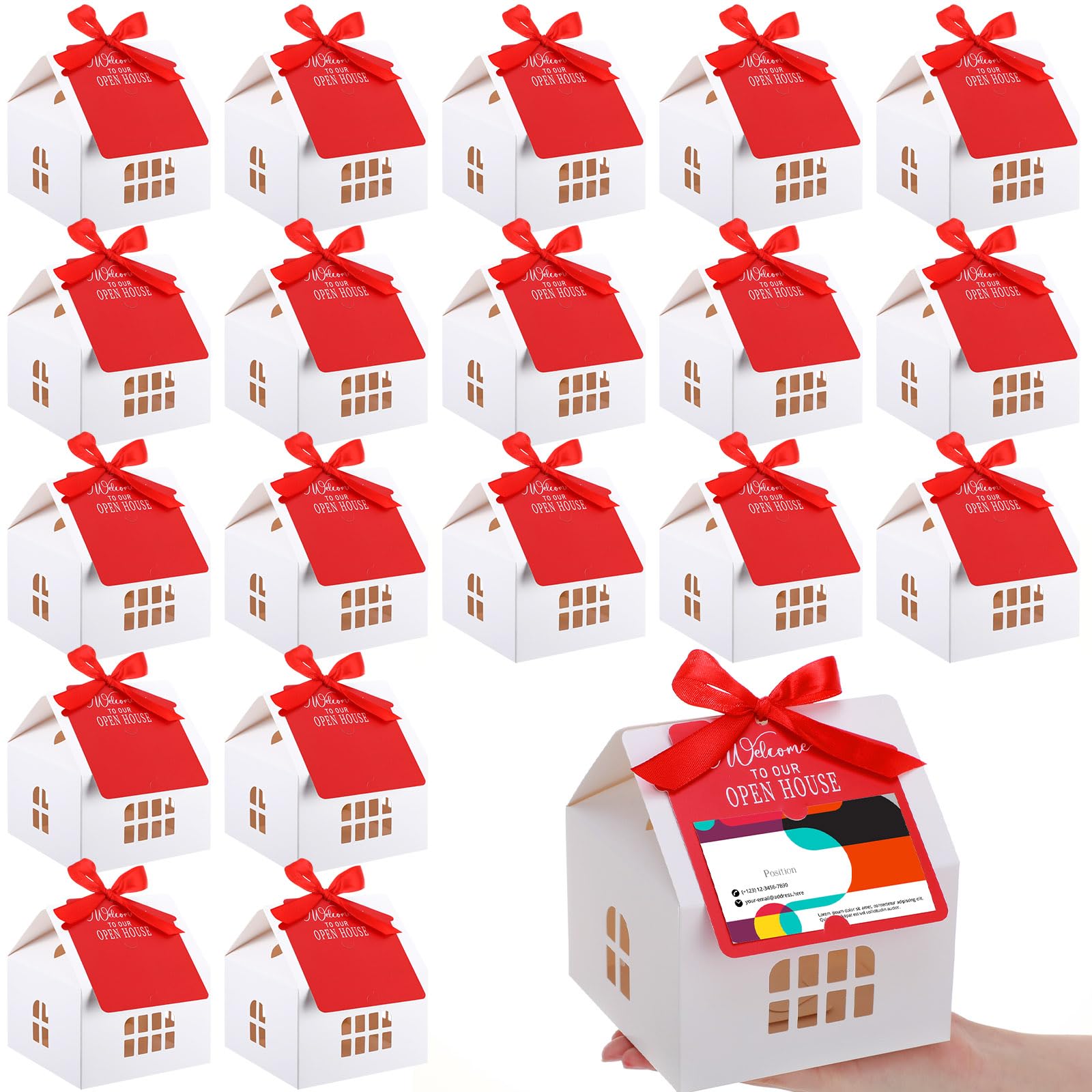 Photo 1 of Affrolling 25 Sets Open House Supplies Real Estate Agent Gifts for Clients House Shaped Gift Boxes with Greeting Cards for Real Estate Agent Favors Marketing Supplies (Red)