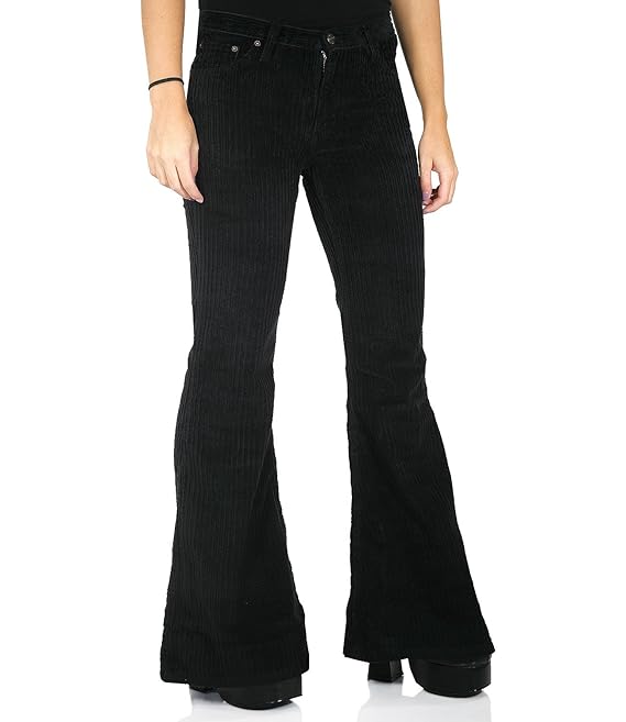 Comycom 70er Damen Breitcordhose mit Schlag schwarz