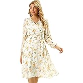 Allegra K Women's Chiffon Floral Sexy Deep V Neck Tie Waist Bishop Sleeve Casual Wrap Midi Dress