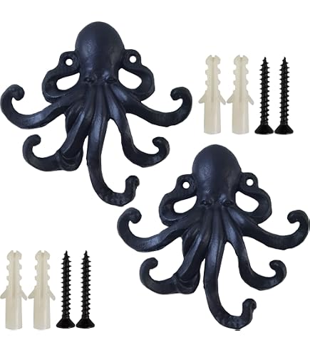 Aged White Cast Iron Wall Mounted Decorative Octopus Hooks - 7" - Bed