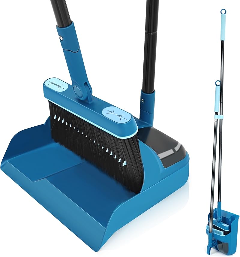 JEHONN Long Handled Dustpan and Brush Set 138CM Swivel Broom Blue