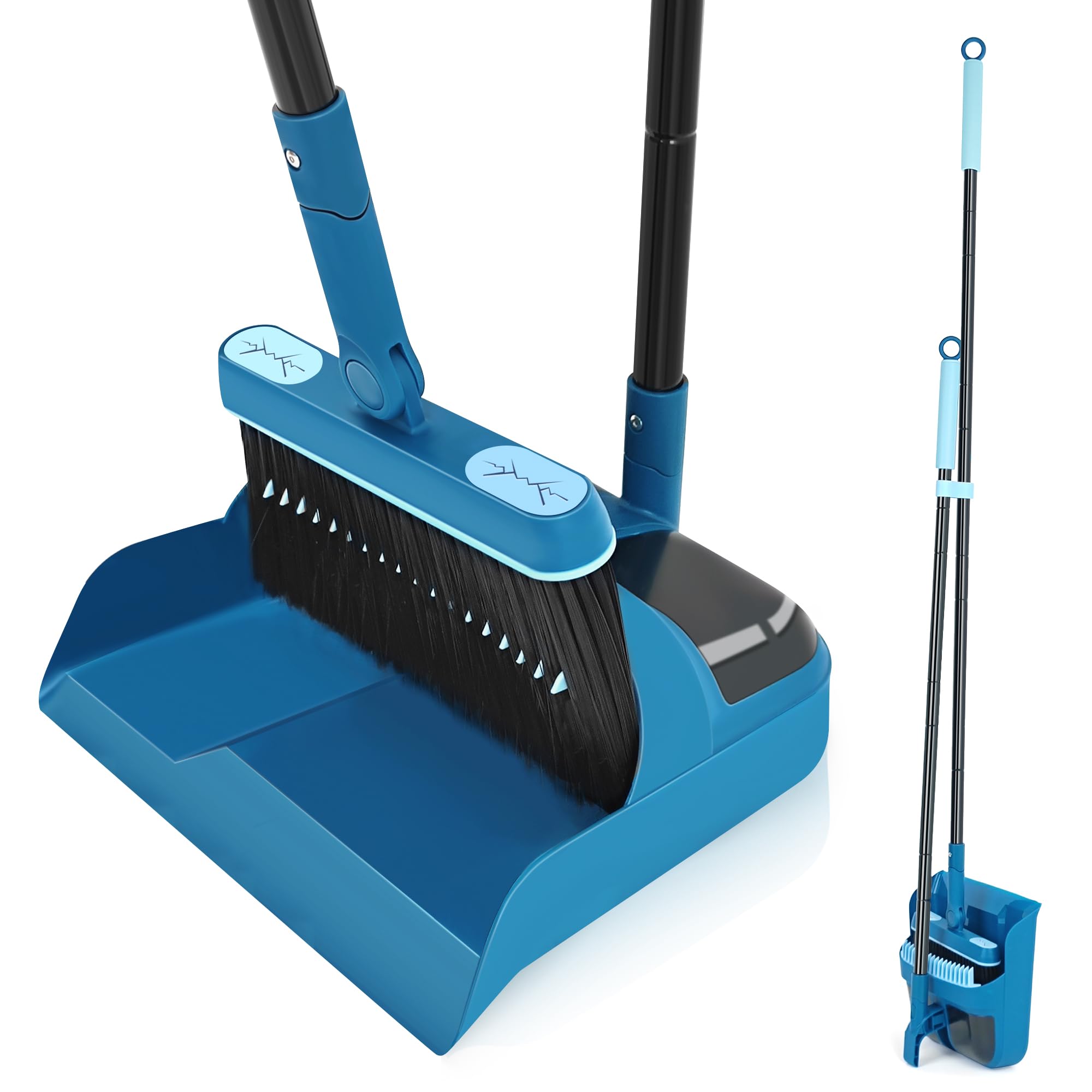 JEHONN Dustpan and Brush Set, 54 inches Long Handle Swivel Broom, Upright Foldable Dust Pan with Comb Teeth for Home Kitchen Lobby Indoor Floor Cleaning(Blue)