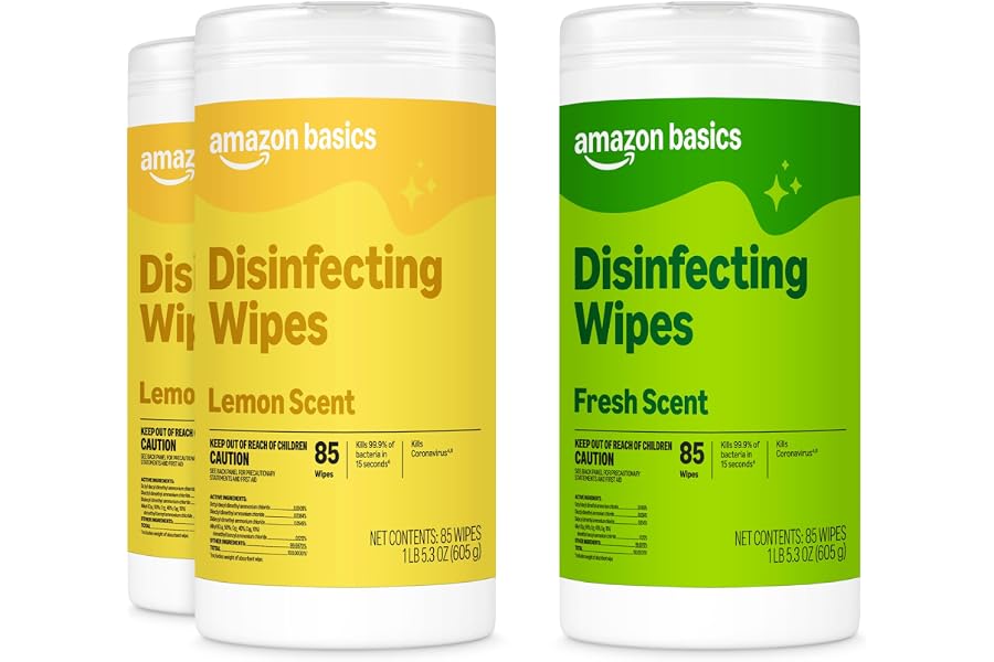 Amazon Basics Disinfecting Wipes, Lemon & Fresh Scent, Sanitizes, Cleans, Disinfects & Deodorizes, 255 Count (3 Packs of 85),