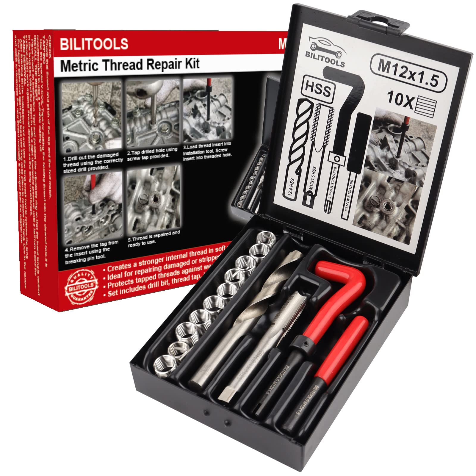 Photo 1 of BILITOOLS M12x1.5 Thread Repair Kit, HSS Drill Helicoil Repair Kit Metric