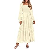 PRETTYGARDEN Wedding Guest Dresses for Women Floral Long Sleeve Smocked Tiered Elegant Long Flowy Boho Dress