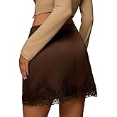MakeMeChic Women's Satin Silk Floral Lace Skirt Low Waist A Line Elegant Flowy Mini Skirts
