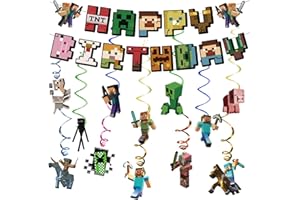 NKEM Pixel Birthday Party Supplies, Pixel Style Happy Birthday Banner, Pixel Hanging Swirl Decorations Pixel Game Themed Hanging Whirlpools Cards for Kids Boys Game Fans