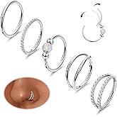 LOREMOW 5PCS 18G Clicker Nose Ring Hoops for Women Men Hinged Double Cartilage Nose Hoop Surgical Steel Tragus Helix Rook Opal CZ Septum Lip Ring Hoop Earrings Nose Piercing Jewelry 8-10MM