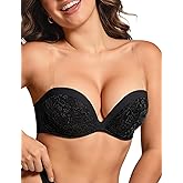 Upushall Push Up Strapless Bra with Clear Straps Covertible Plunge Lace Padded Add 2 Cups Low Cut Underwire Bras for Women