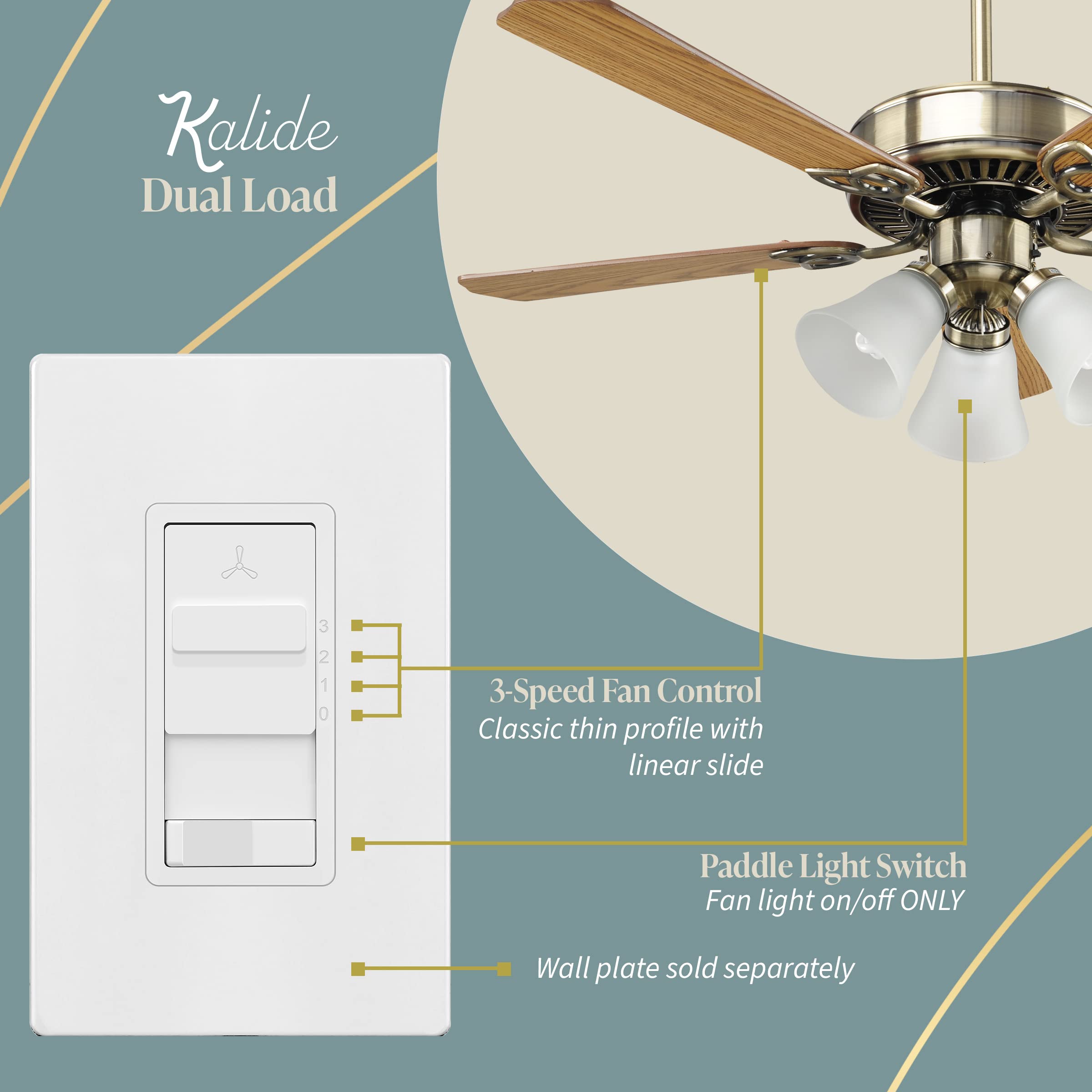 TOPGREENER Kalide Light Switch and 3-Speed Ceiling Fan Control Combo, in Wall Light and Fan Combination Switch, Single Pole, 2.5A, 720W, Neutral Wire Not Required, TGSFS3-W, White