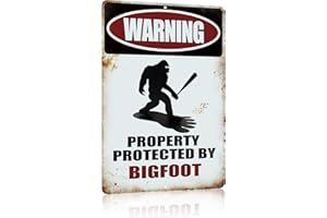 Yniaun Decor Funny Sasquatch Gift Metal Sign Warning Property Protected by Bigfoot Gifts Tin Signs Vintage Garage Garden Forest Back Yard Decor for Wall/Porch 12 x 8 Inches Outdoor & Indoor
