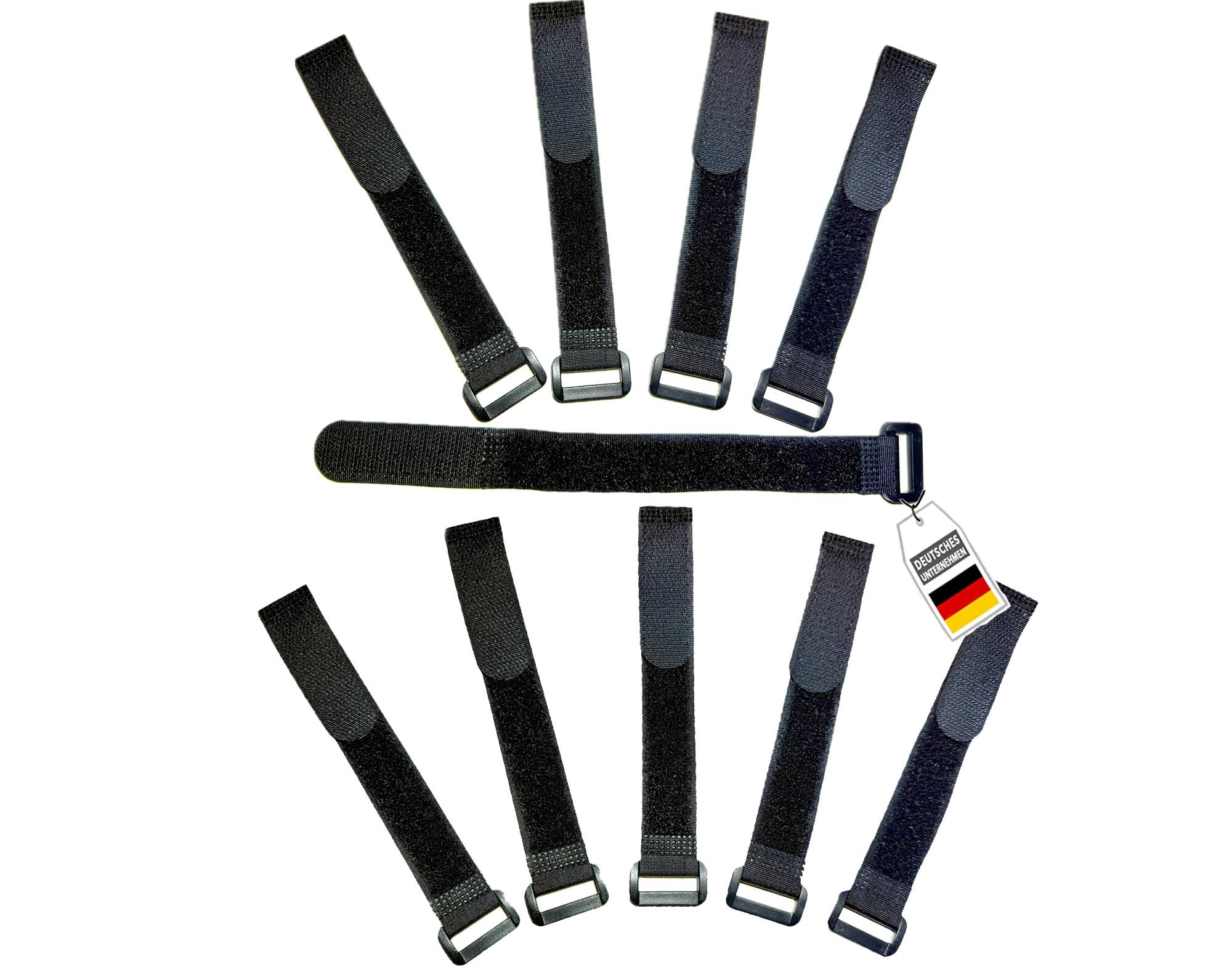 10x FrogJim Hook and Loop Strap 40cm with Buckle, Black, 20mm Wide, Reusable Nylon Cable tie KSE4010 (40cm - 10pc)