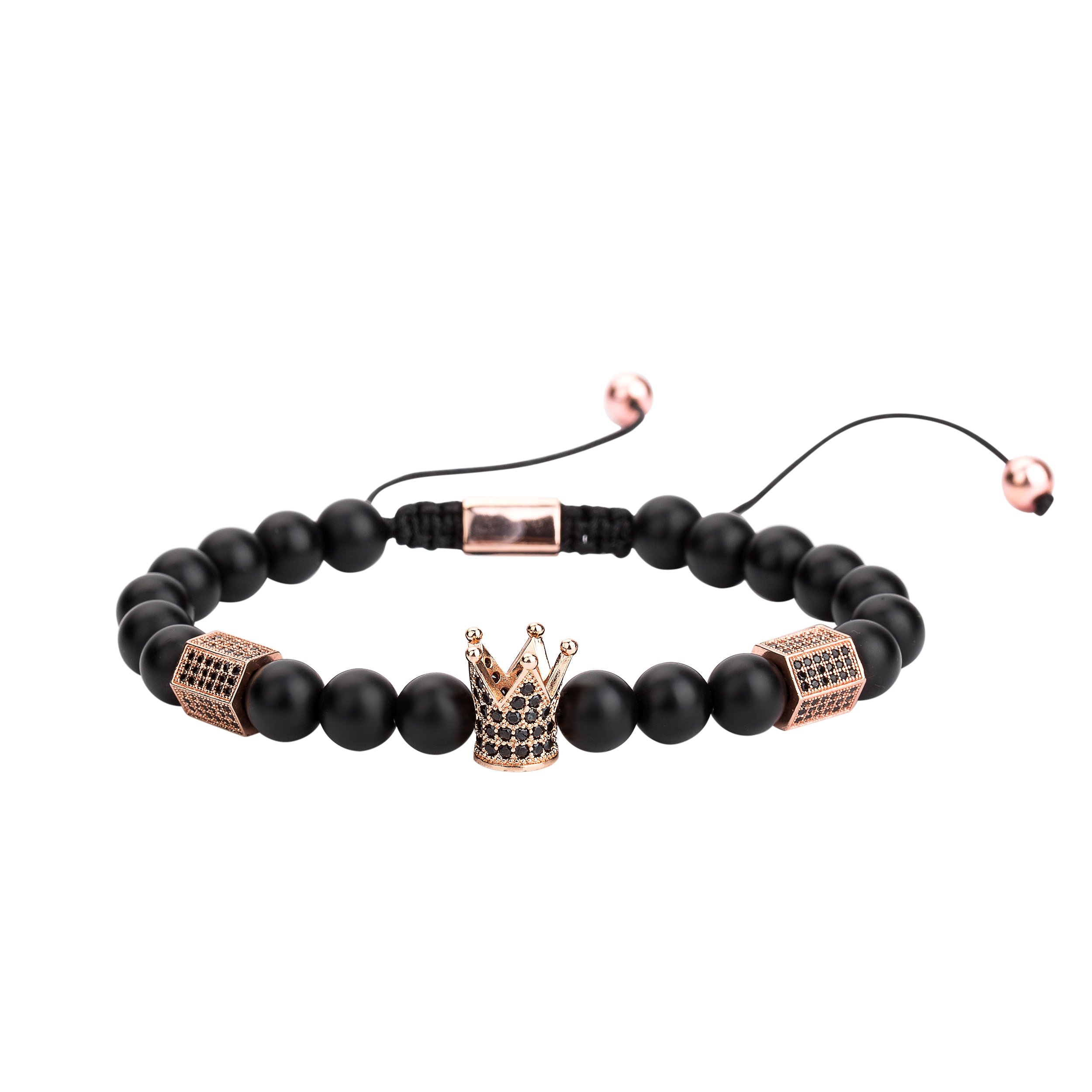 Joya Gift 8mm Black Matte Onyx Beads Rose Gold King Crown Braided Bracelet for Men with CZ Charm